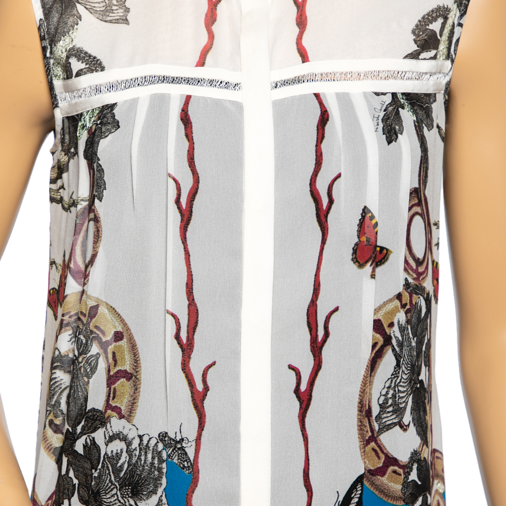 Roberto Cavalli White And Blue Printed Silk Sleeveless Button Front Top M