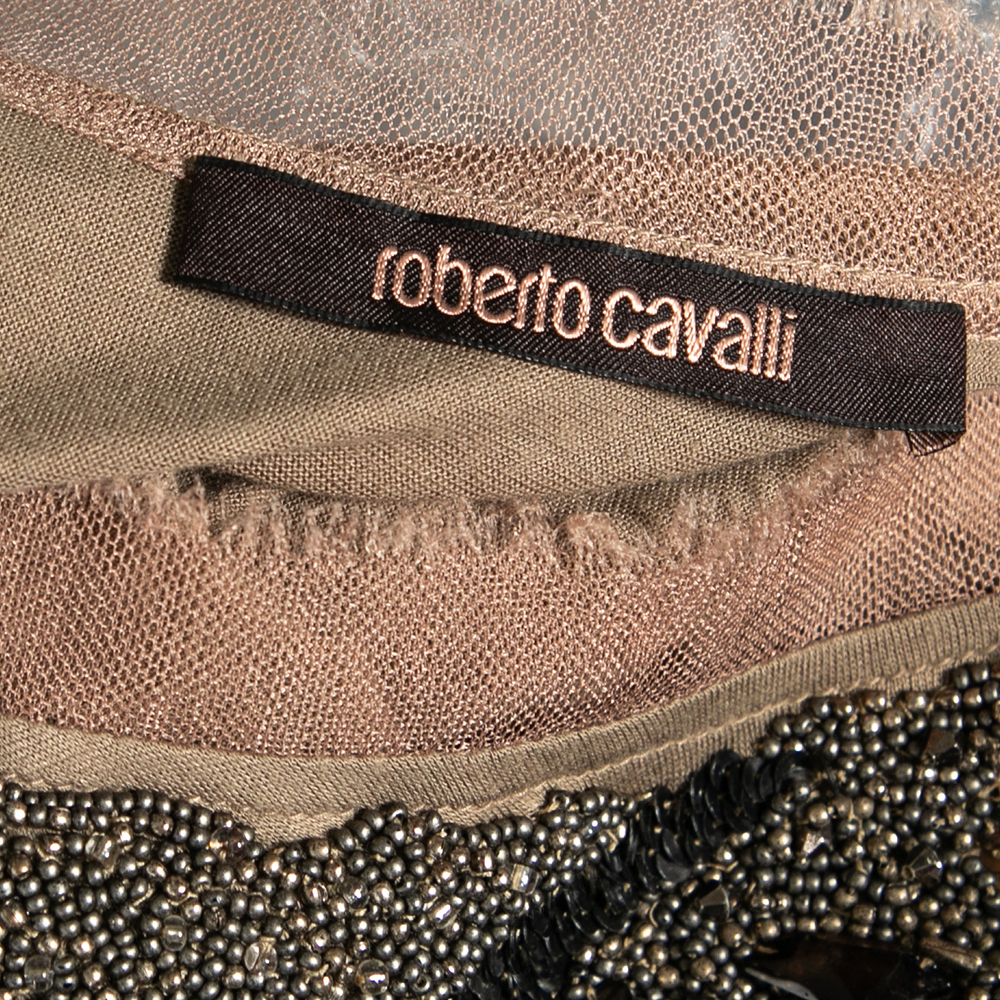 Roberto Cavalli Brown Embellished Knit T-Shirt M