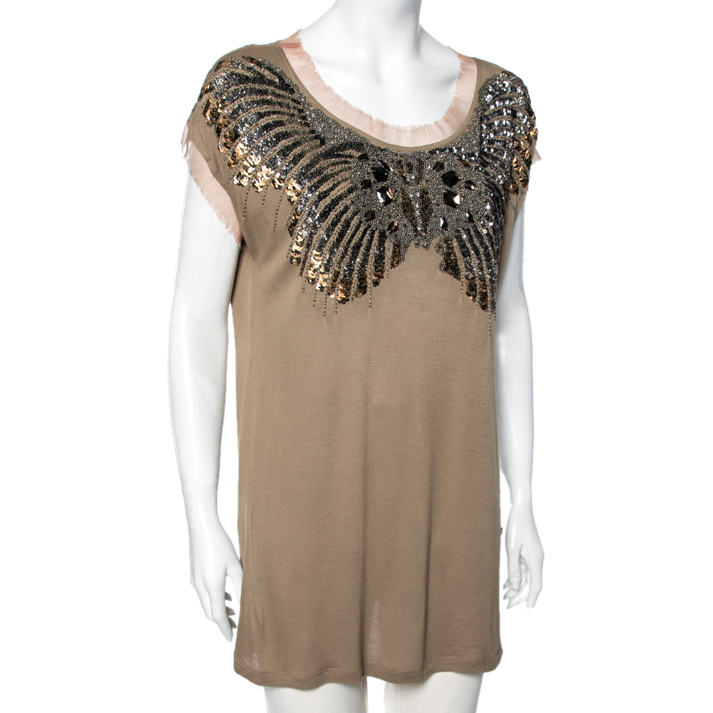 Roberto Cavalli Brown Embellished Knit T-Shirt M