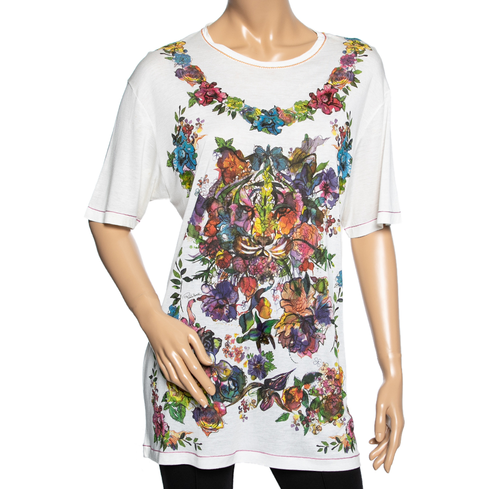 Roberto Cavalli White Floral Printed Modal Knit T-Shirt S