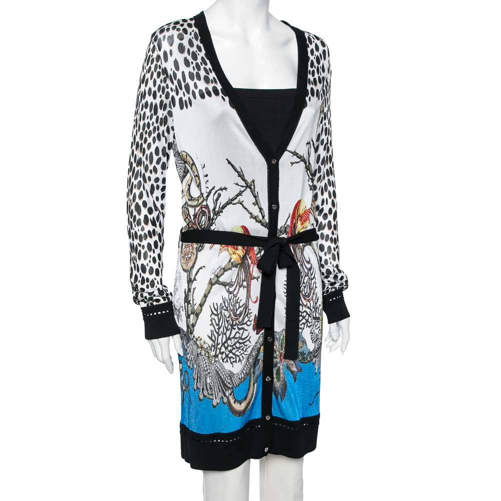 Roberto Cavalli White Animal Print Button Front Belted Cardigan, Multicolor
Roberto Cavalli White Animal Print Button Front Belted Cardigan, Multicolor