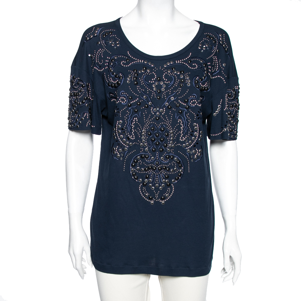 Roberto Cavalli Navy Blue Cotton Beaded And Embroidered Front Top M
