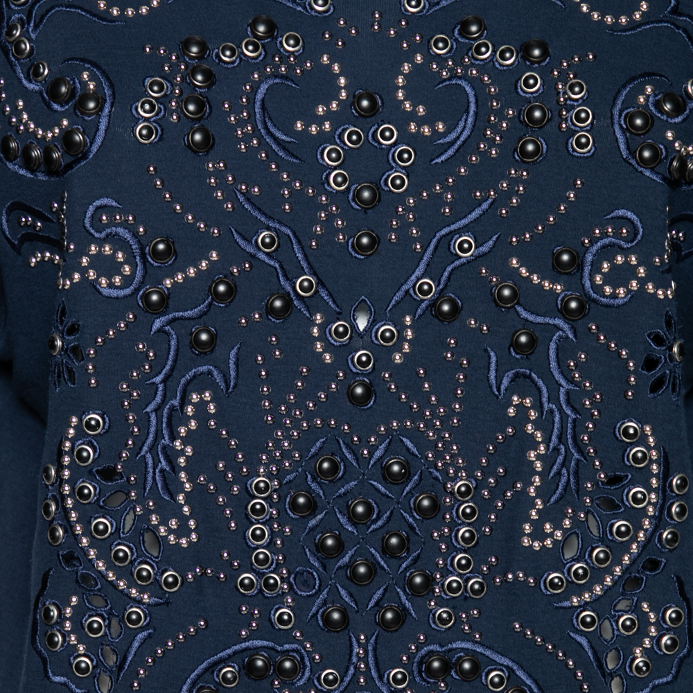 Roberto Cavalli Navy Blue Cotton Beaded And Embroidered Front Top M