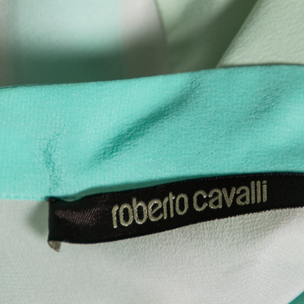 Roberto Cavalli Green And White Silk Short Sleeve Shirt M