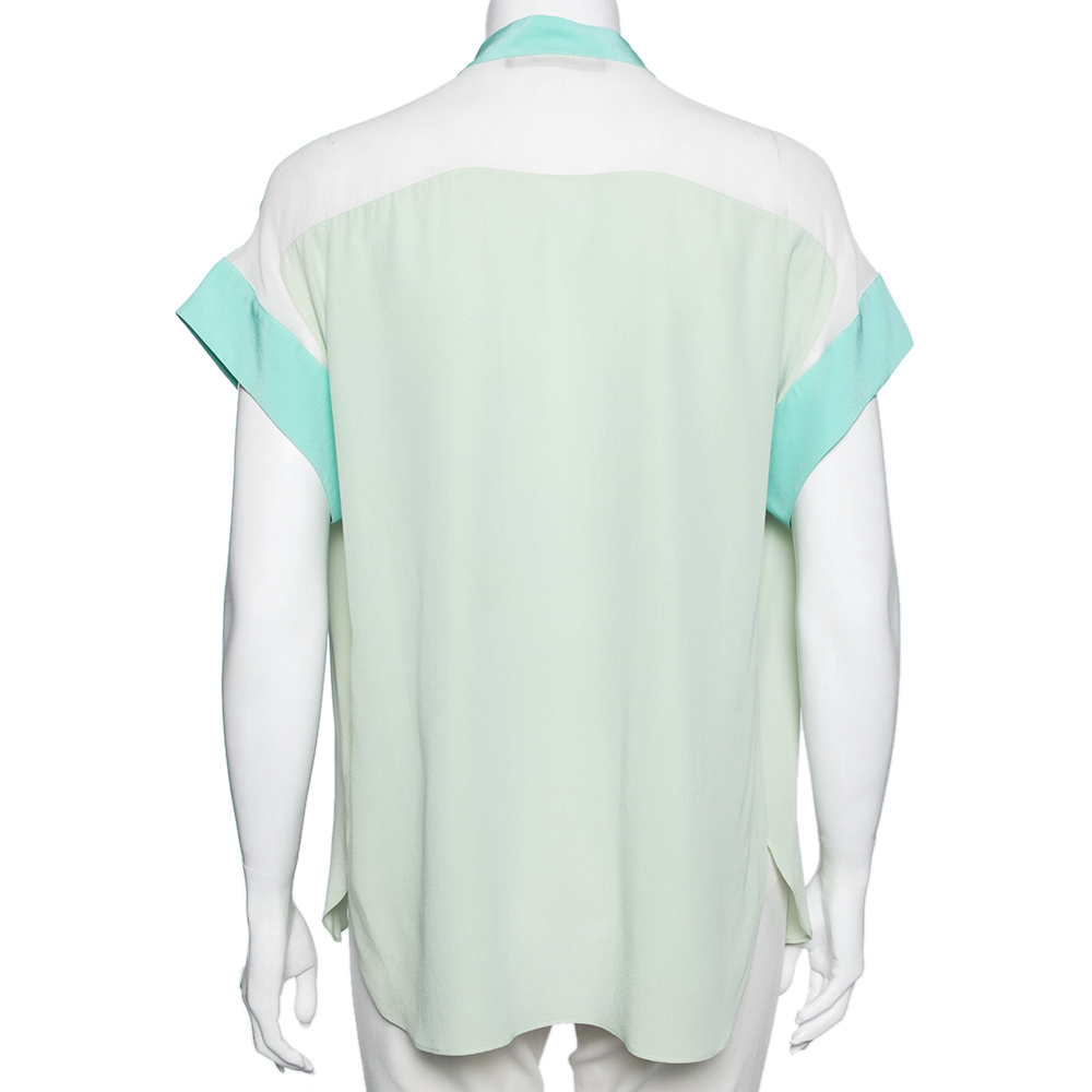 Roberto Cavalli Green And White Silk Short Sleeve Shirt M
