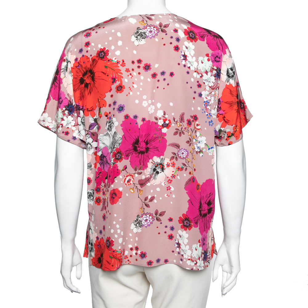 Roberto Cavalli Pink Floral Printed Silk Front Ruffle Detail Top M