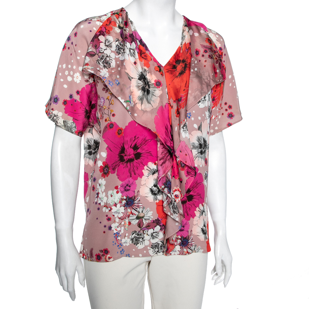 Roberto Cavalli Pink Floral Printed Silk Front Ruffle Detail Top M