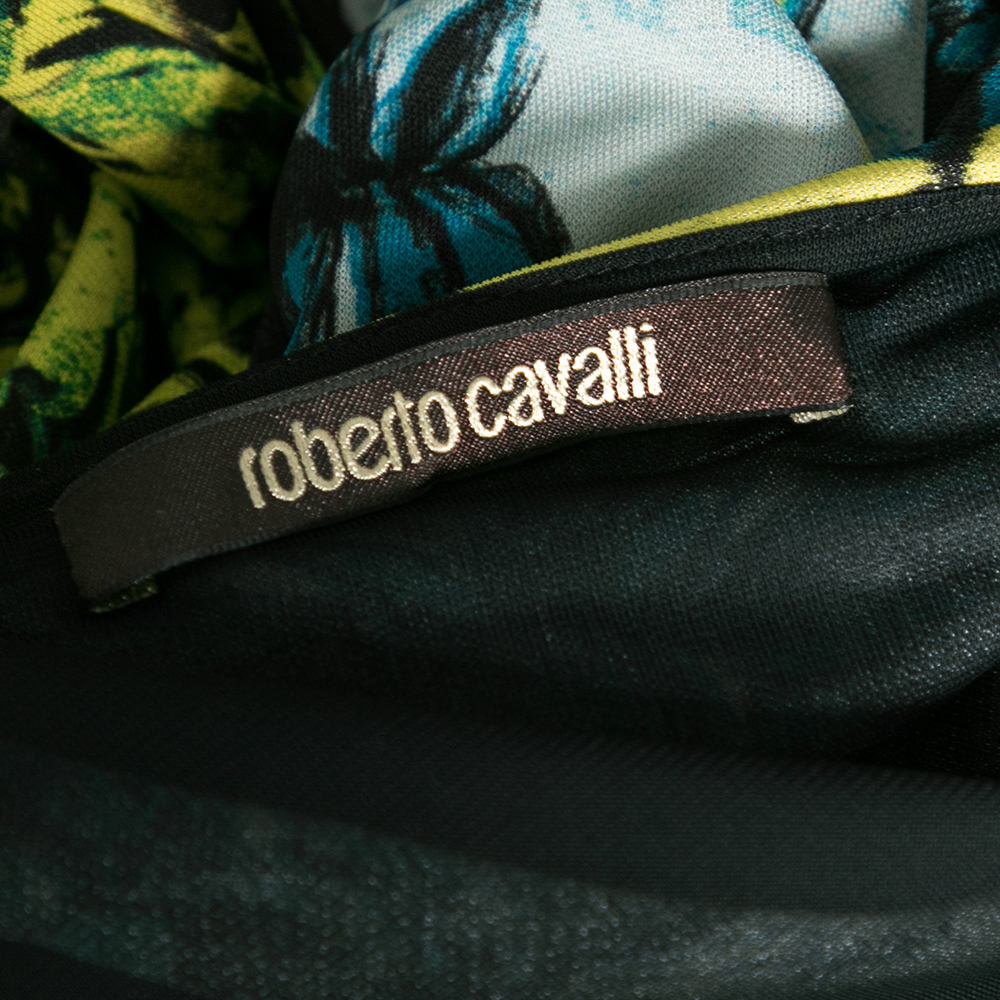 Roberto Cavalli Yellow And Blue Printed Jersey Long Sleeve Crew Neck Dress M