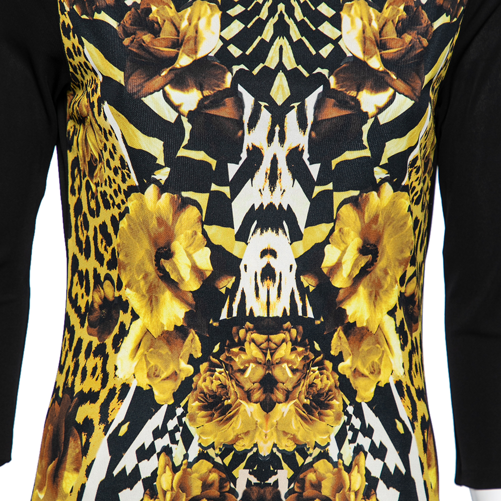 Roberto Cavalli Gold And Black Floral Printed Jersey Dress M