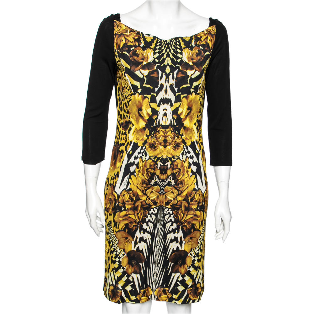 Roberto Cavalli Gold And Black Floral Printed Jersey Dress M