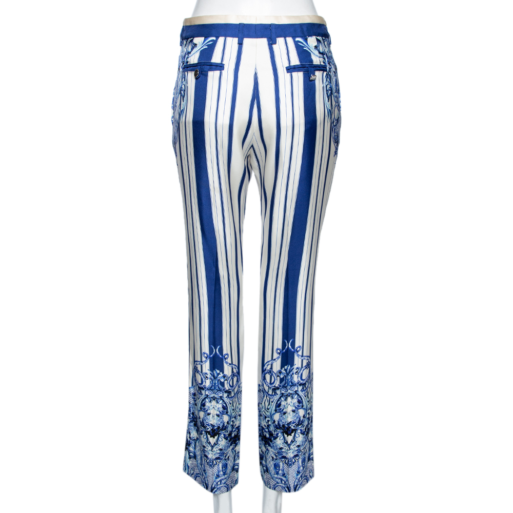 Roberto Cavalli White And Blue Printed Silk Trouser M