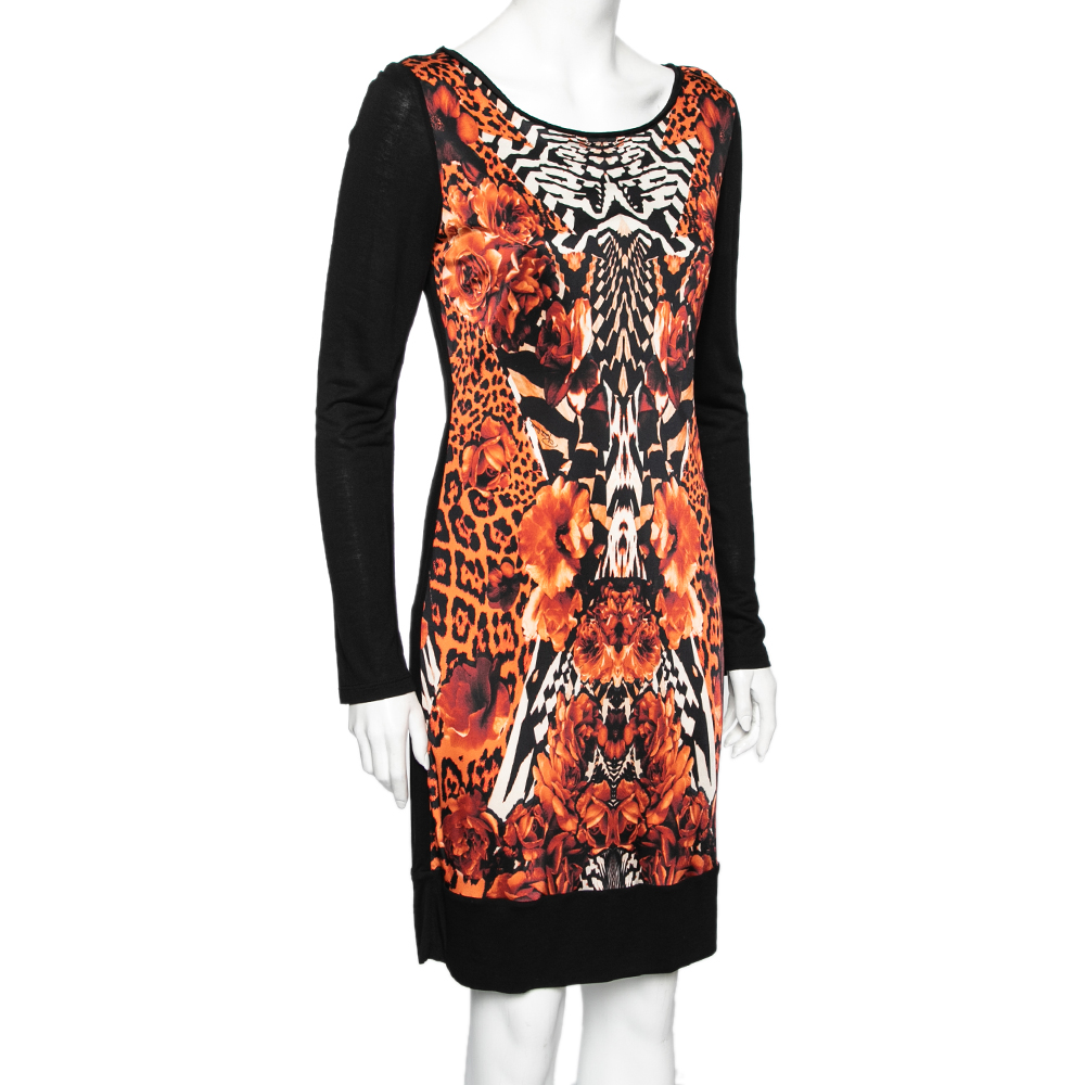 Roberto Cavalli Black And Orange Printed Jersey Long Sleeve Dress M