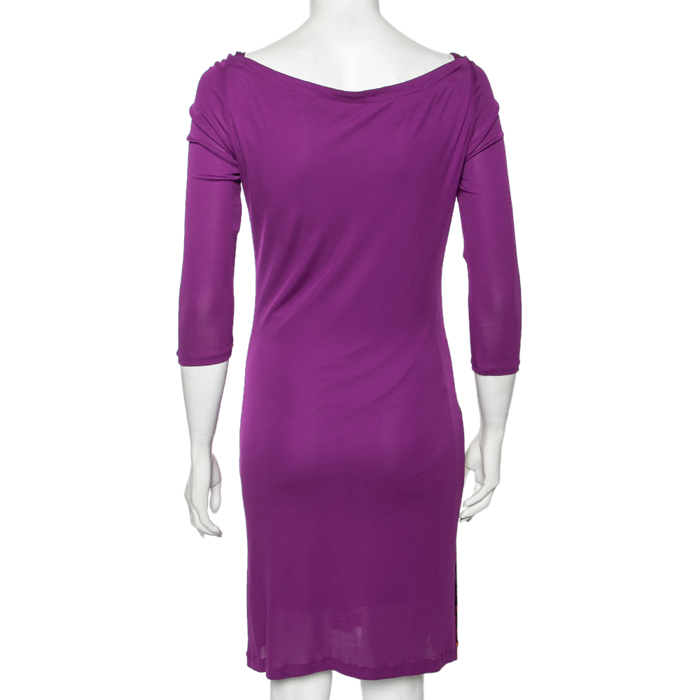 Roberto Cavalli Purple Printed Jersey Draped Neck Dress M