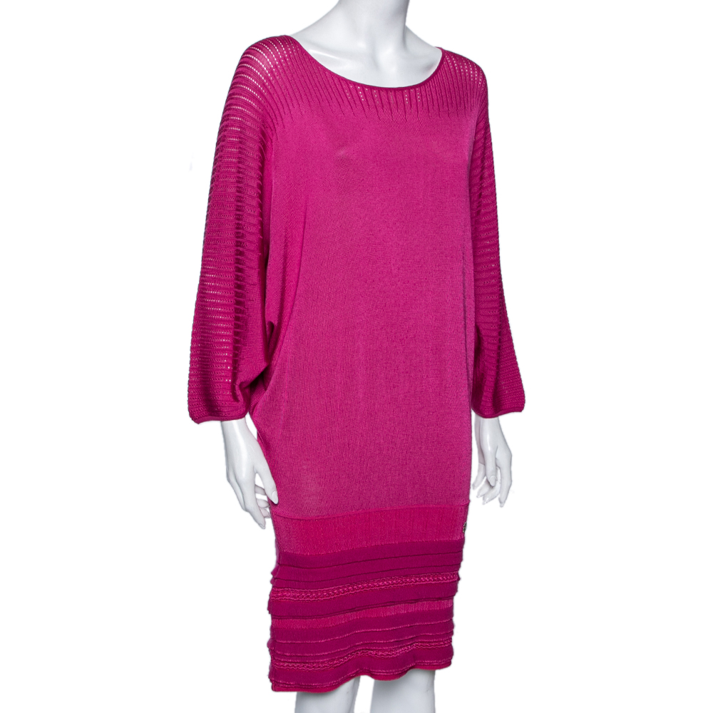 

Roberto Cavalli Fuchsia Patterned Wool Knit Draped Mini Dress, Pink