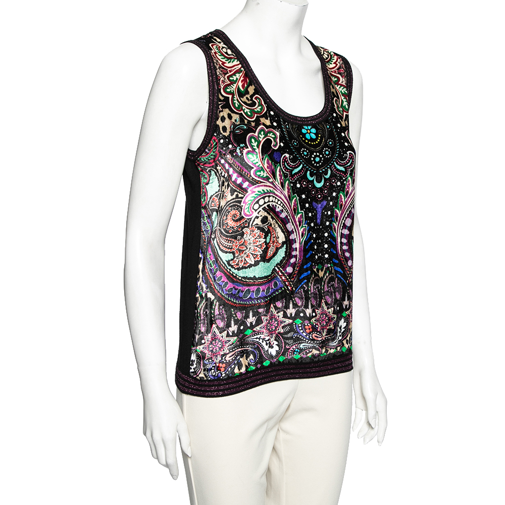 Roberto Cavalli Multicolor Printed Velvet & Knit Tank Top M