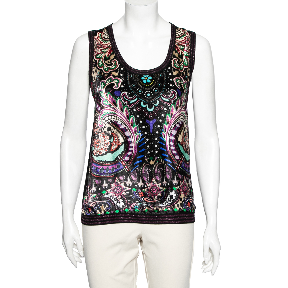 Roberto Cavalli Multicolor Printed Velvet & Knit Tank Top M