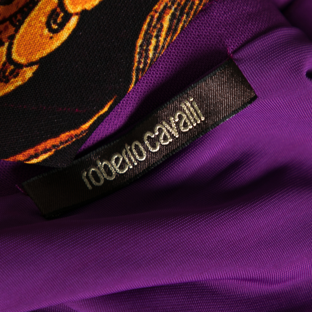 Roberto Cavalli Purple Printed Jersey Draped Neck Dress M