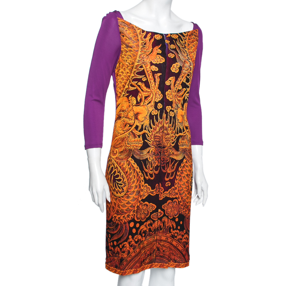 Roberto Cavalli Purple Printed Jersey Draped Neck Dress M