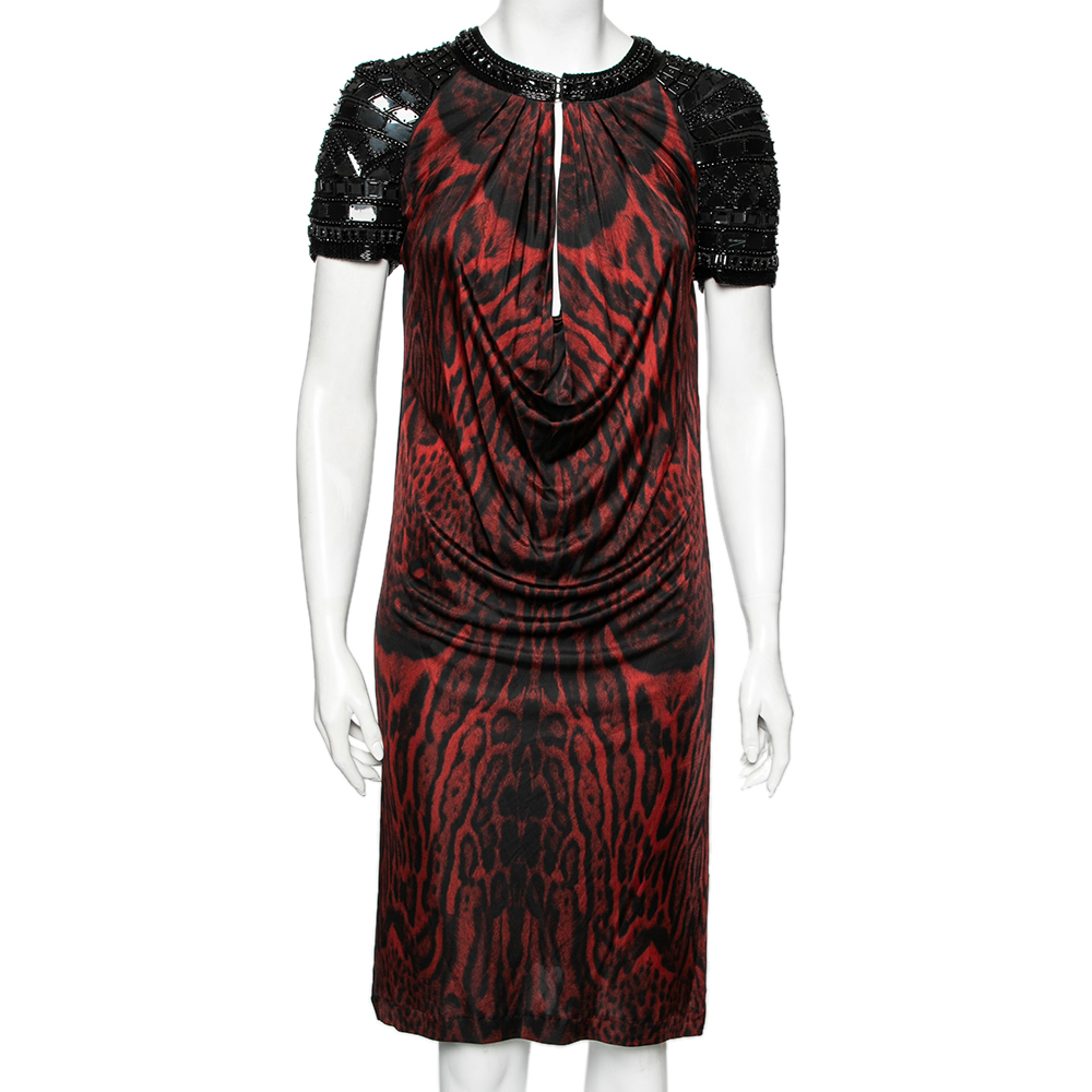 Roberto cavalli black & red animal printed embellished jersey dress m