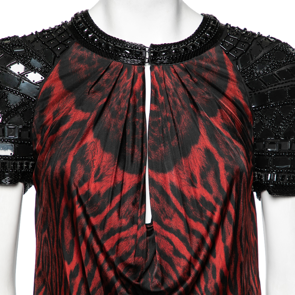 Roberto Cavalli Black & Red Animal Printed Embellished Jersey Dress M