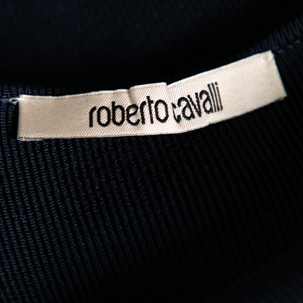 Roberto Cavalli Navy Blue Rib Knit Mesh Overlay Detailed Top M