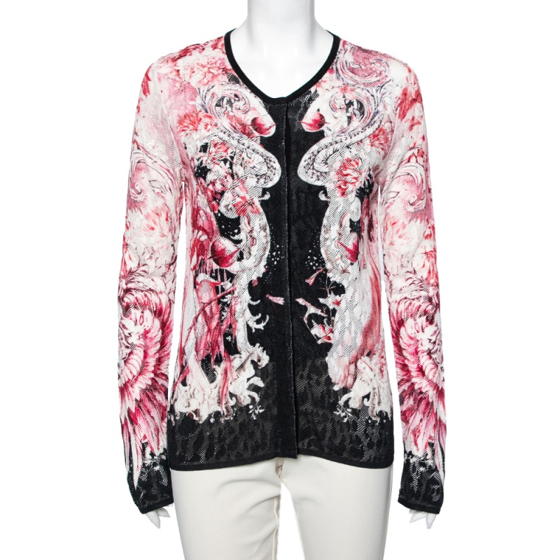 

Roberto Cavalli Pink Printed Perforated Knit Button Front Cardigan