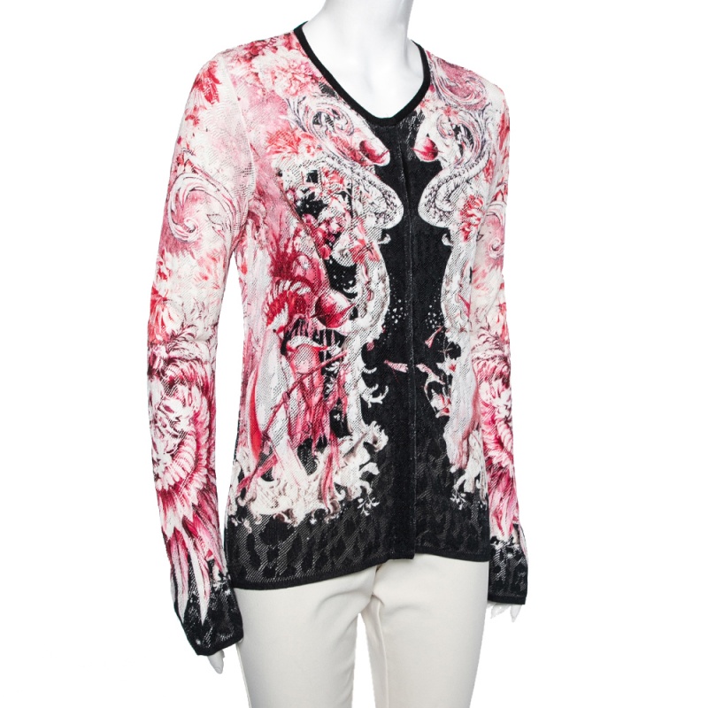 Roberto Cavalli Pink Printed Perforated Knit Button Front Cardigan M