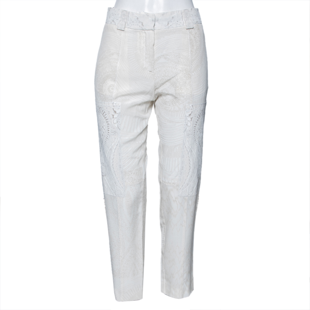Roberto Cavalli Off White Printed Silk Patched Tapered Trousers M