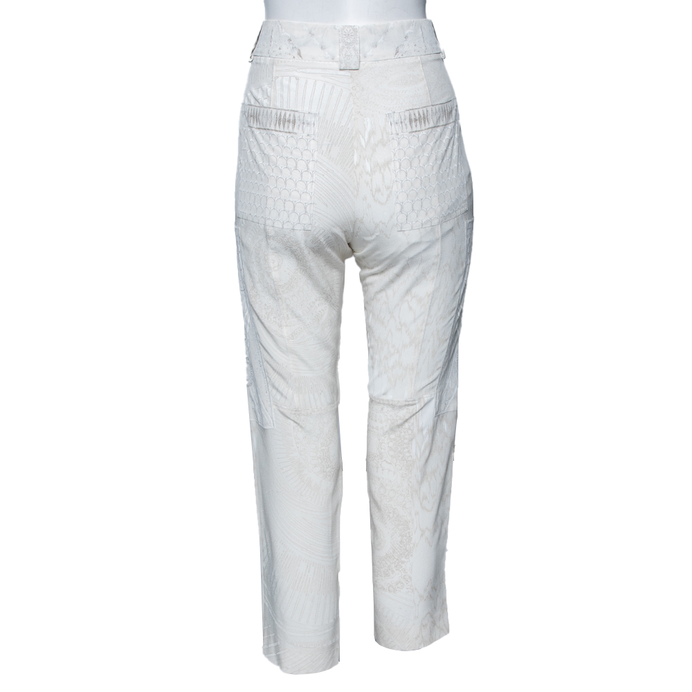 Roberto Cavalli Off White Printed Silk Patched Tapered Trousers M