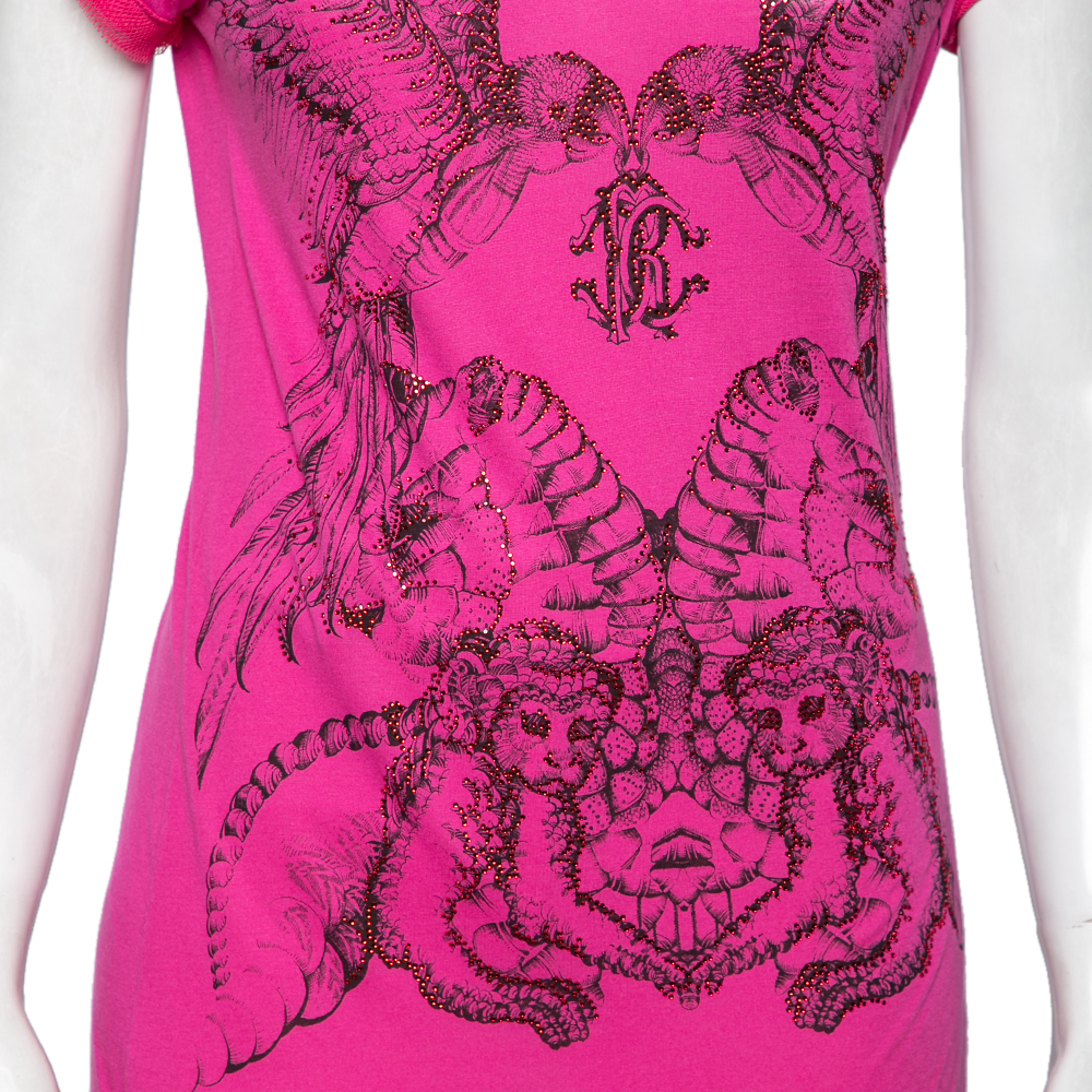 Roberto Cavalli Pink Synthetic Printed And Crystal Embellished Short Sleeve Top M