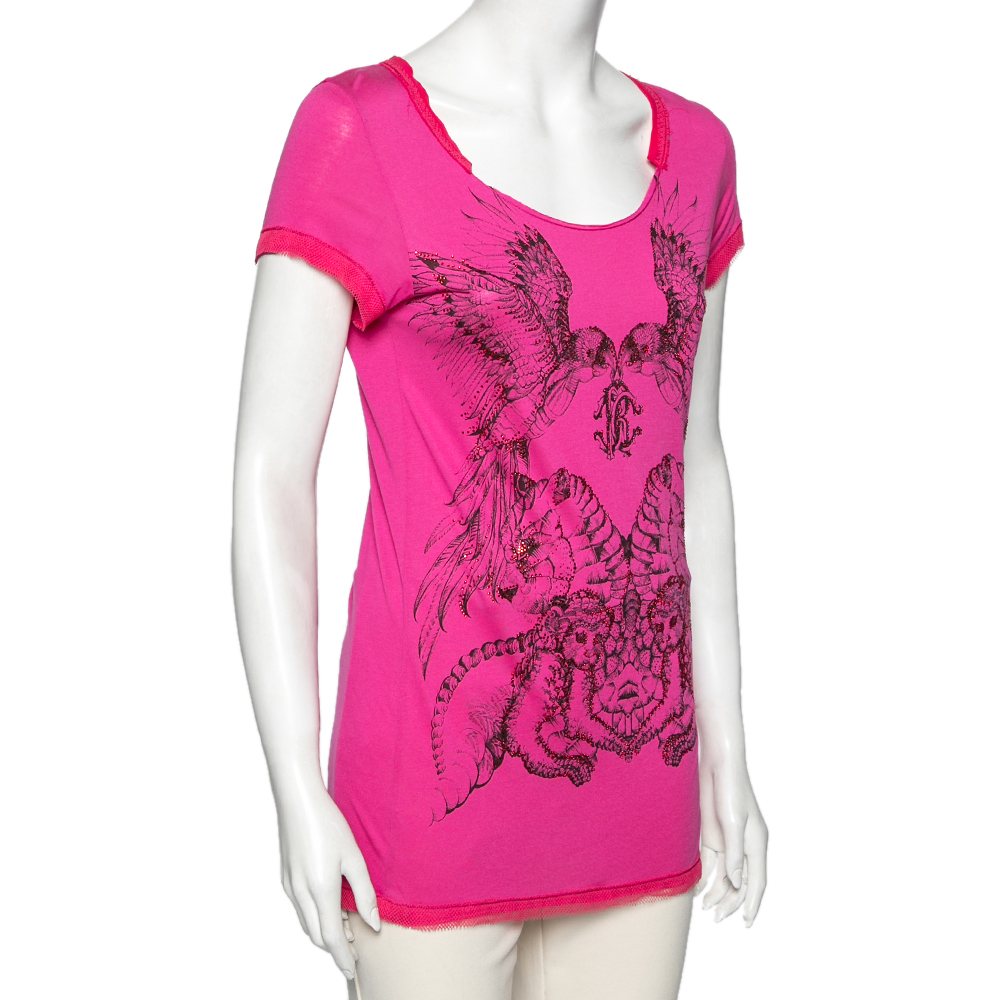 Roberto Cavalli Pink Synthetic Printed And Crystal Embellished Short Sleeve Top M