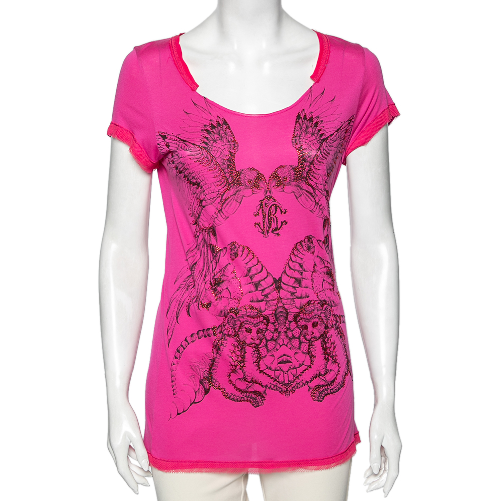 Roberto Cavalli Pink Synthetic Printed And Crystal Embellished Short Sleeve Top M