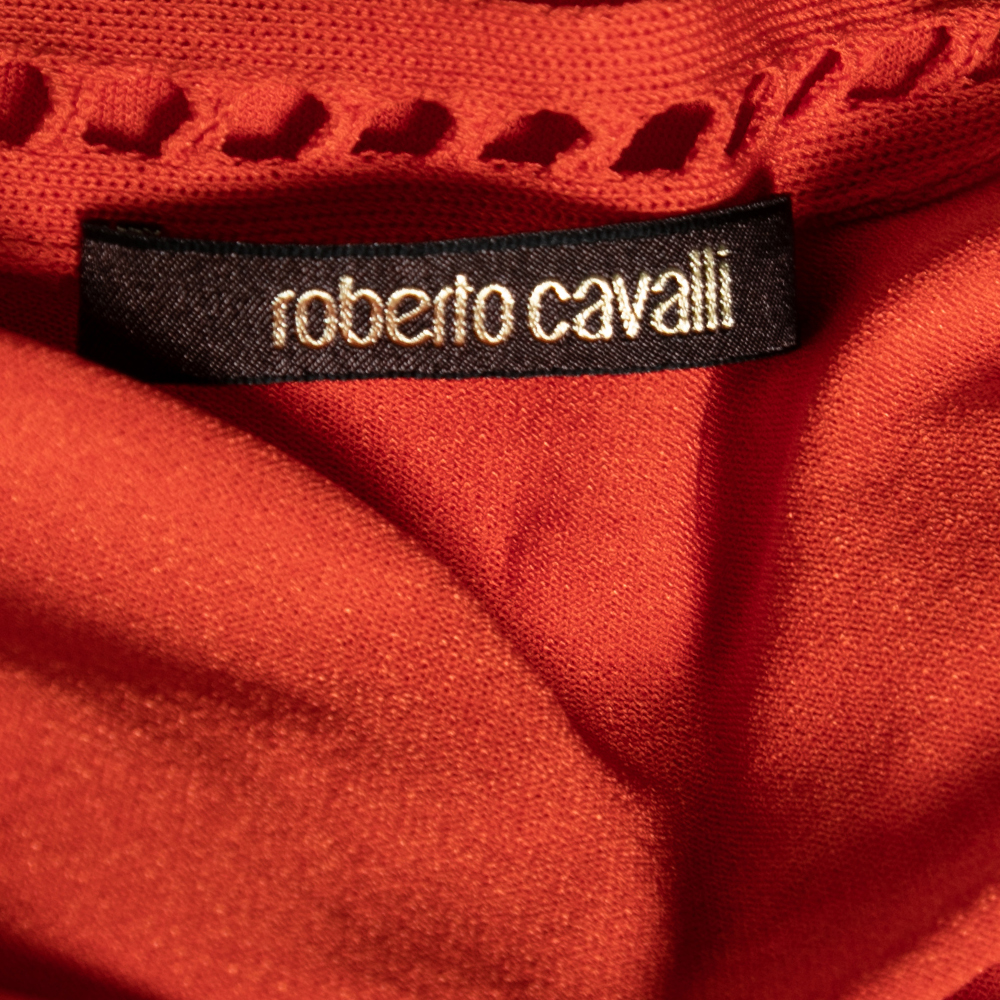 Roberto Cavalli Orange Knit Laser Cut Halter Neck Top M