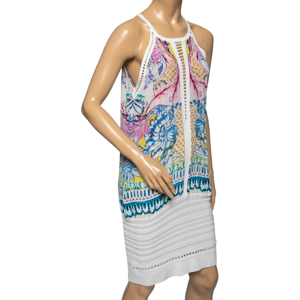 Roberto Cavalli White Floral Printed Silk & Knit Laser Cut Trim Dress
Roberto Cavalli White Floral Printed Silk & Knit Laser Cut Trim Dress