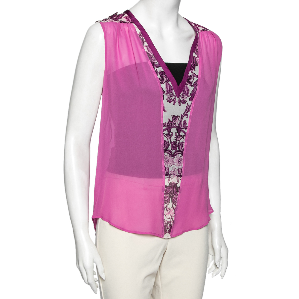 Roberto Cavalli Purple & Printed Silk V-Neck Sleeveless Top M