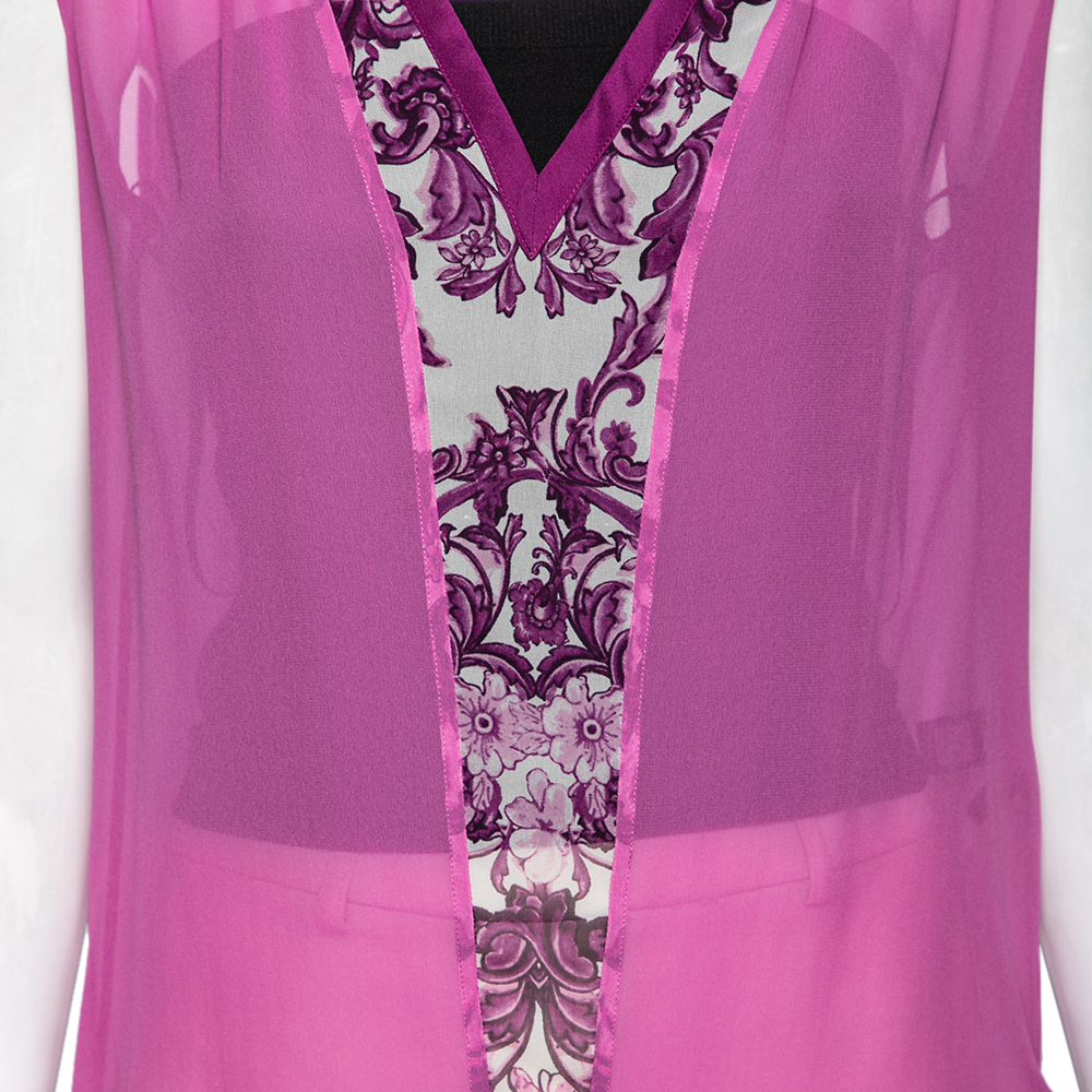 Roberto Cavalli Purple & Printed Silk V-Neck Sleeveless Top M