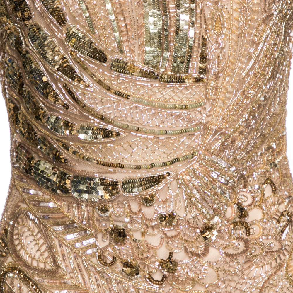 Roberto Cavalli Gold Embellished Tulle Long Sleeve Dress M