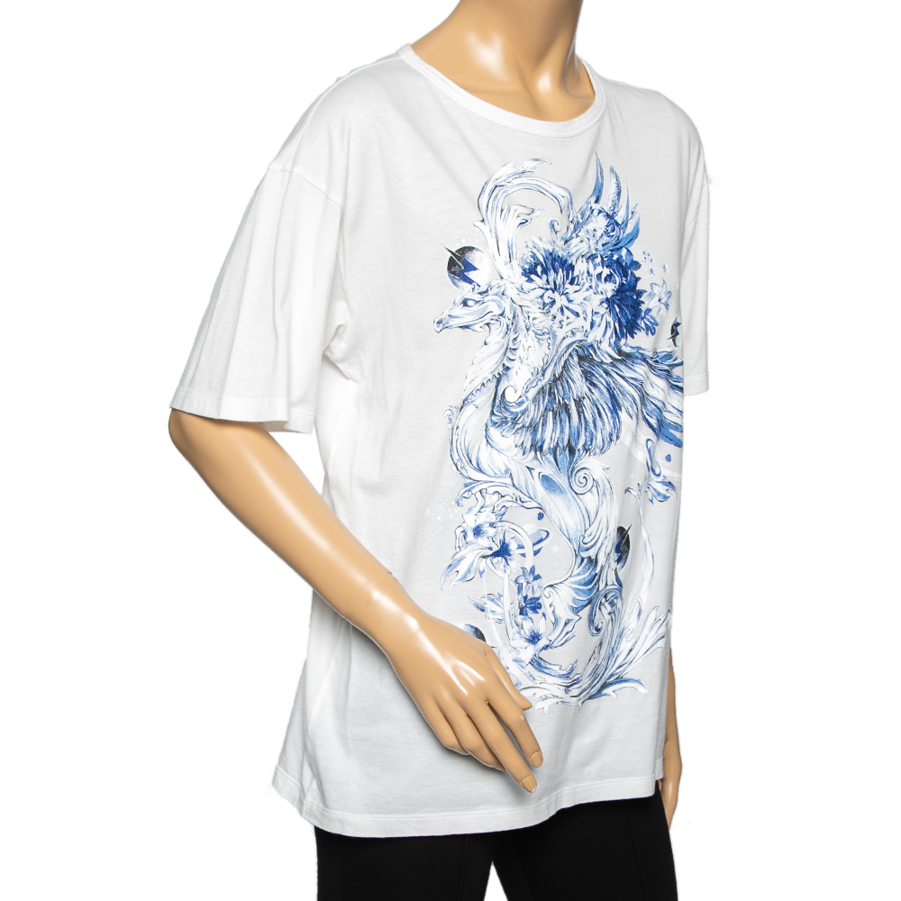 Roberto Cavalli White Printed Cotton Knit Round Neck T-Shirt M