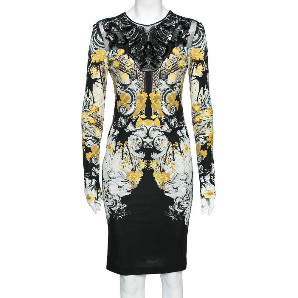 Roberto Cavalli Multicolor Printed Jersey & Embellished Tulle Long Sleeve Dress M