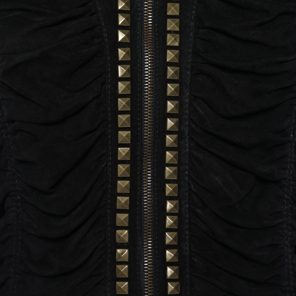 Roberto Cavalli Black Studded Suede Zip Front Ruched Jacket M