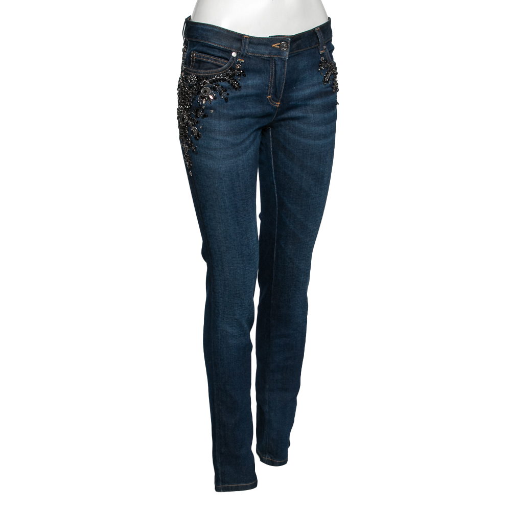 Roberto Cavalli Blue Denim Crystal Embellished Jeans M