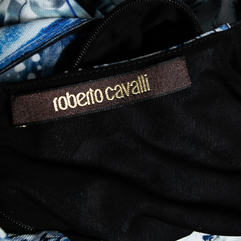 Roberto Cavalli Blue Printed Jersey Tie Detail Dress M