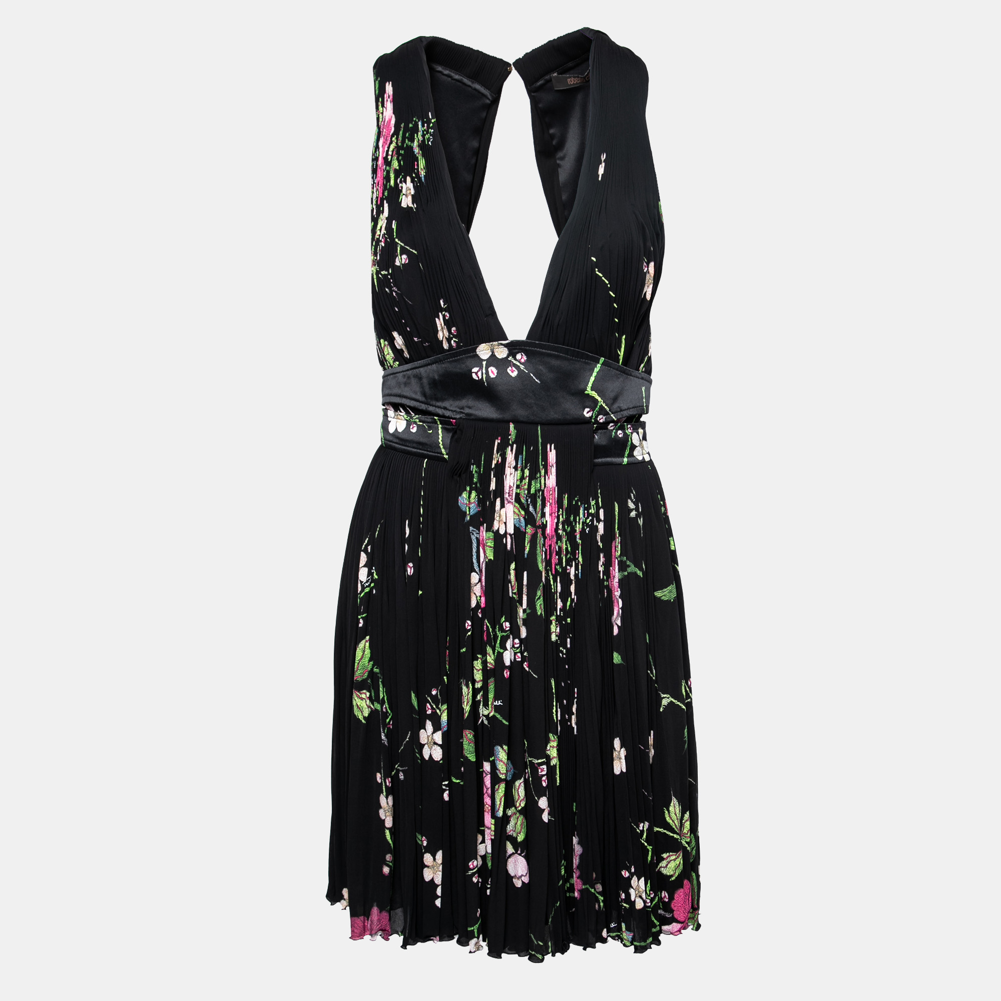 Black Floral Printed Crepe Plunging Neck Sleeveless Dress