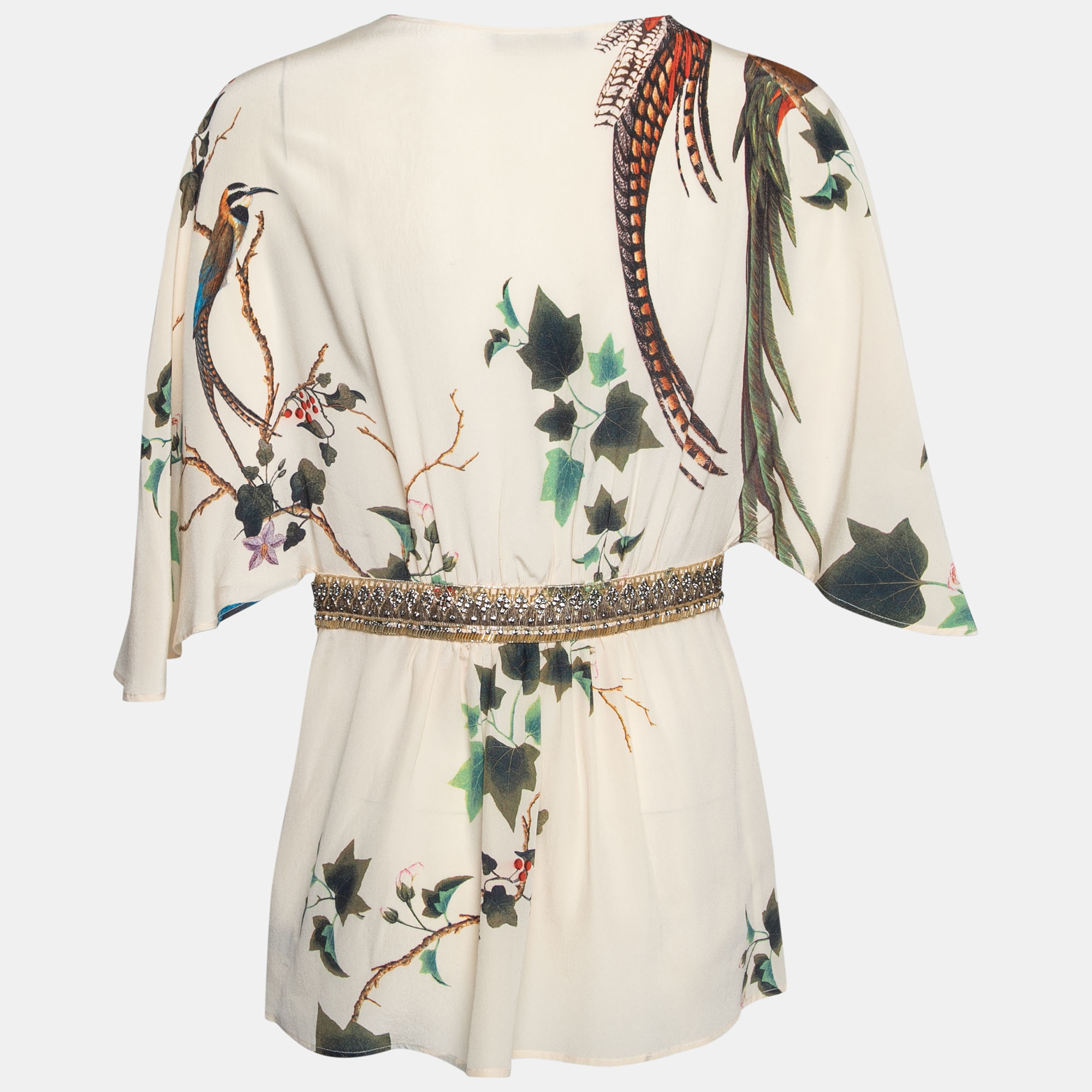 

Roberto Cavalli Cream Floral Printed Embellished Silk Kaftan Top, Beige