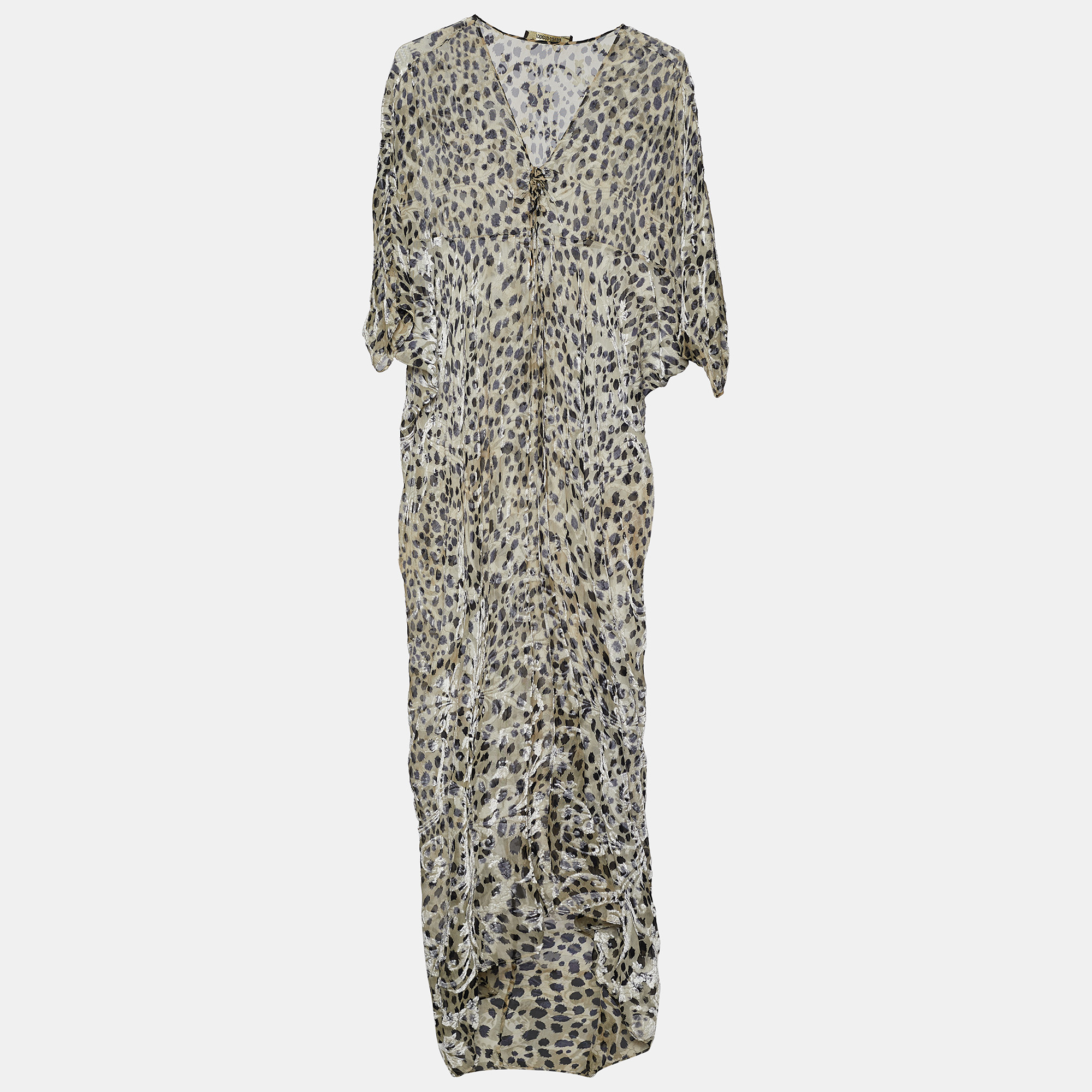 Roberto Cavalli Beige Animal Printed Velour Sheer Kaftan Maxi Dress M