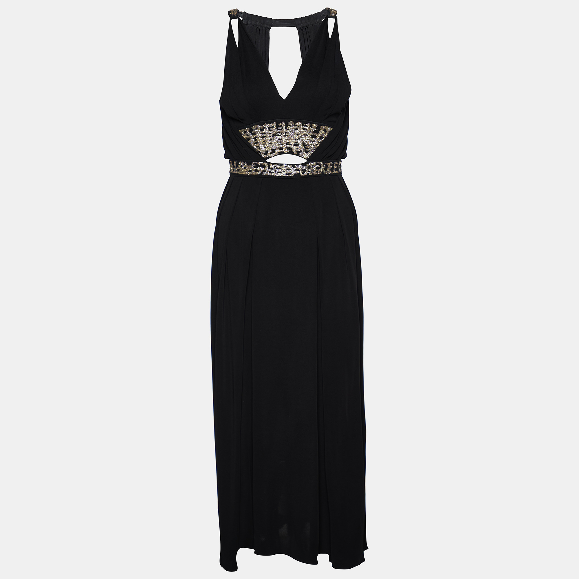 

Roberto Cavalli Black Jersey Embellished Cutout Maxi Dress