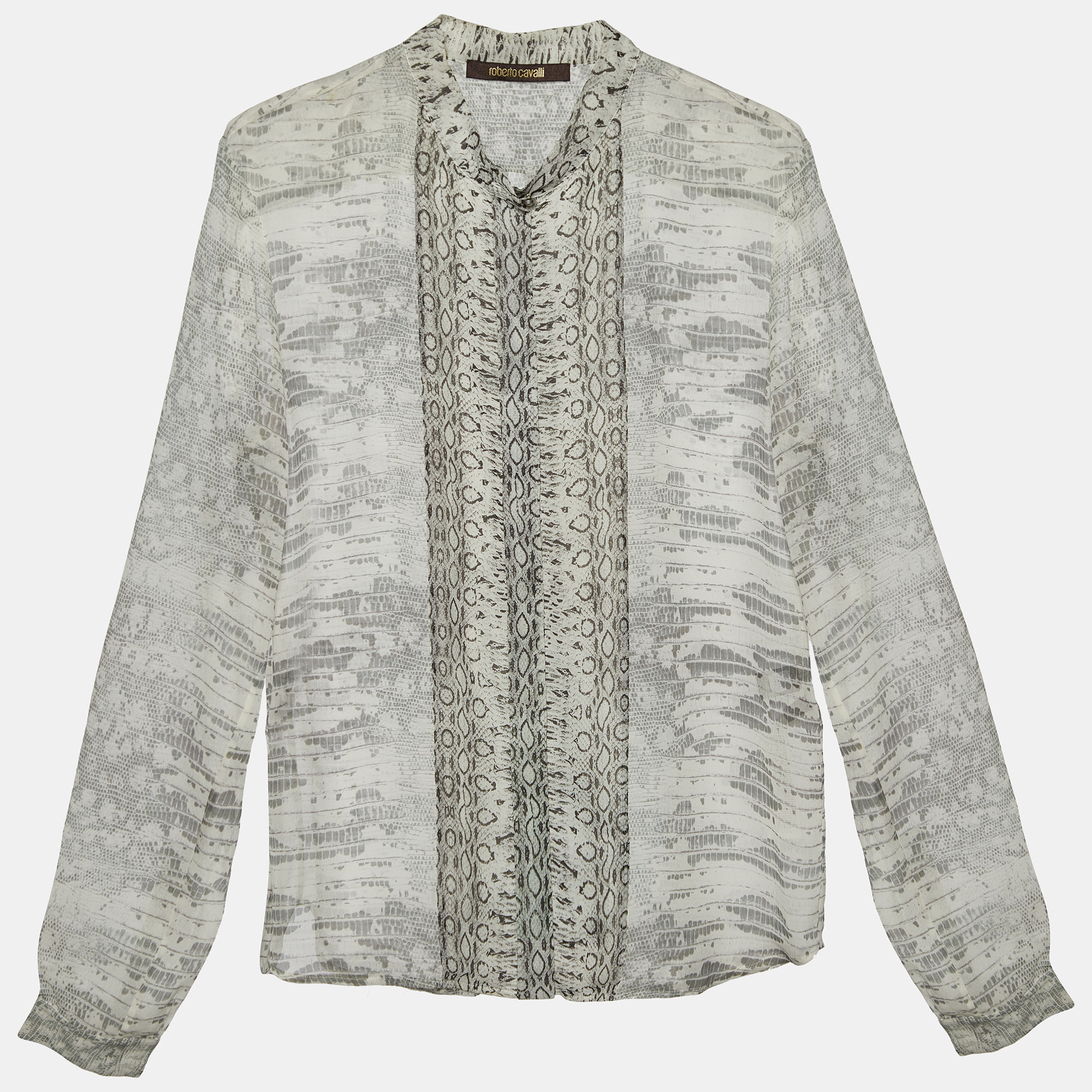 Roberto cavalli light grey snakeskin printed silk button front shirt s