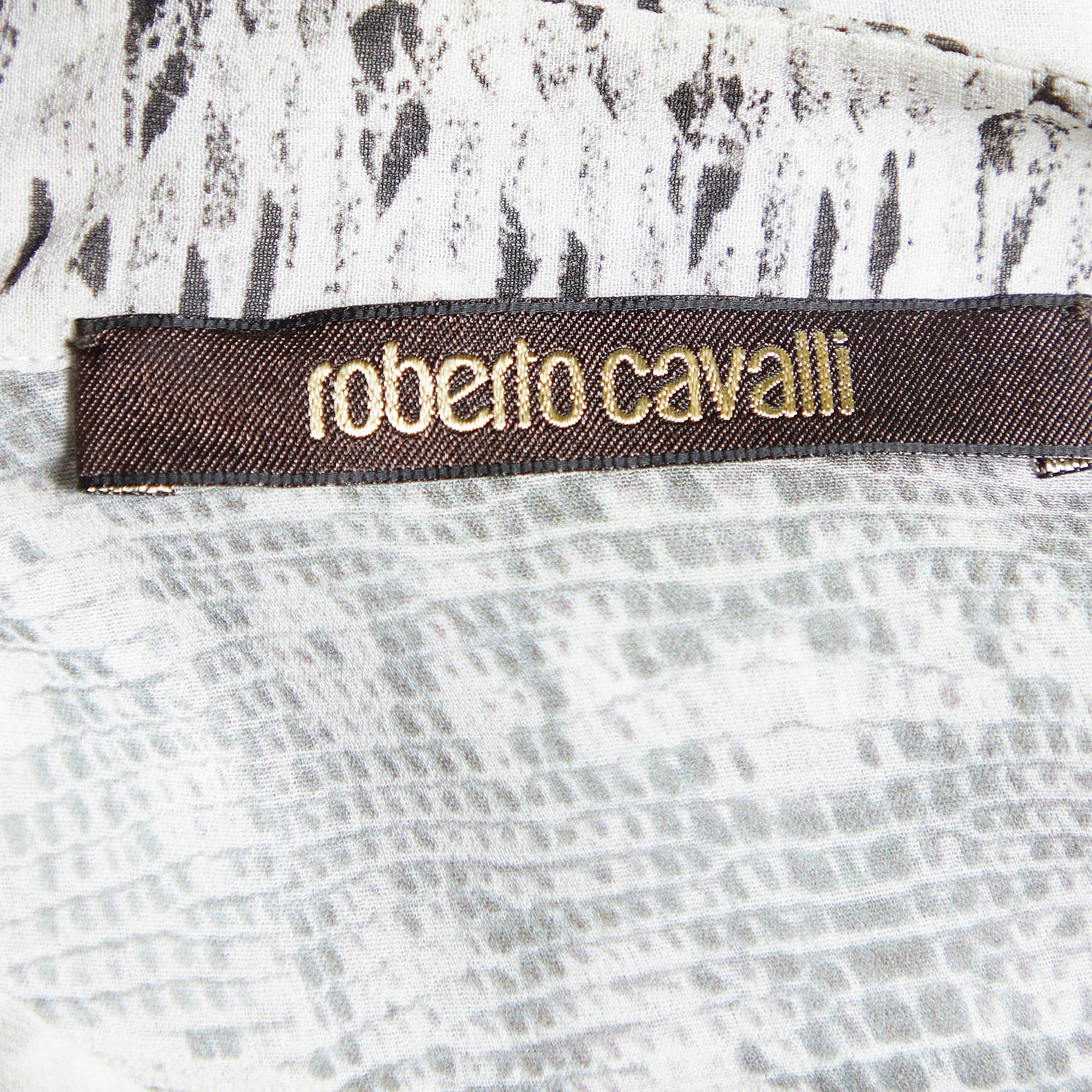 Roberto Cavalli Light Grey Snakeskin Printed Silk Button Front Shirt S