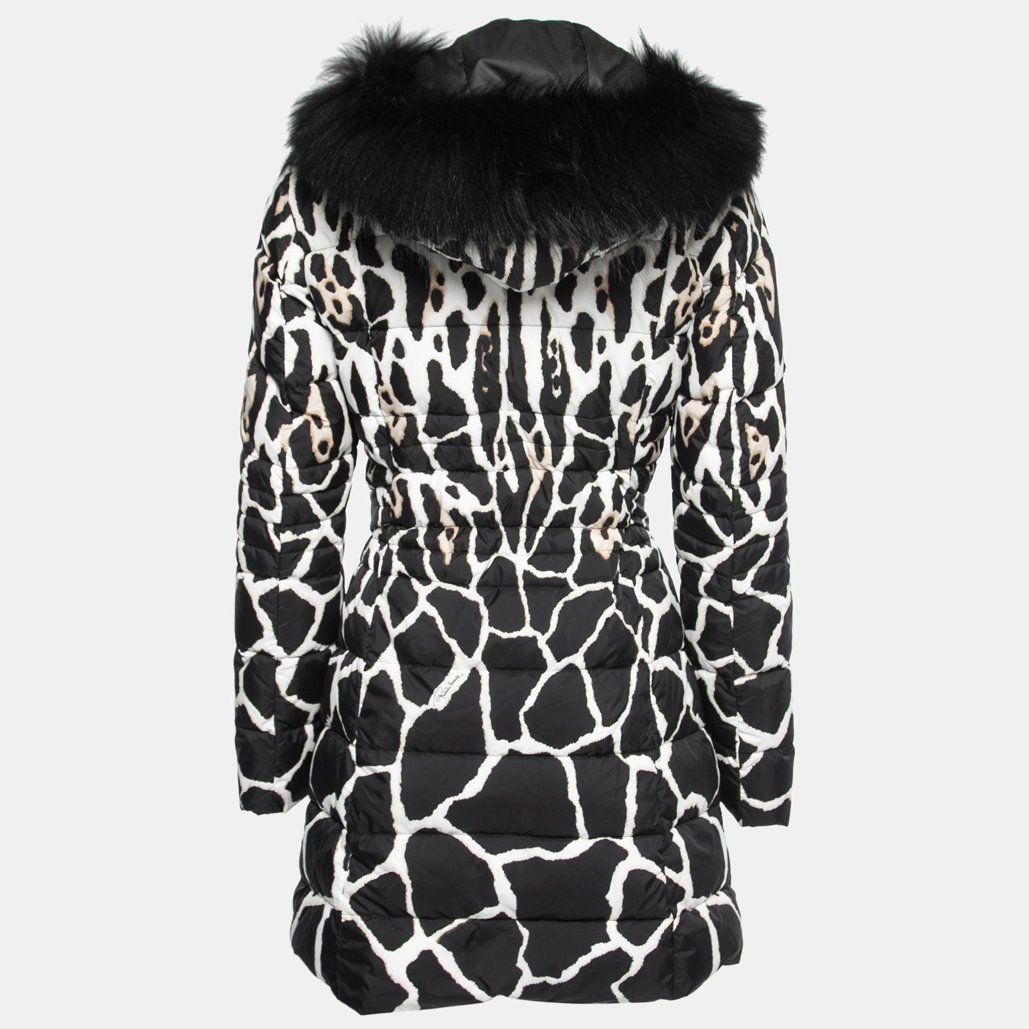 

Roberto Cavalli Black Animal Printed Down Padded Fur Lined Puffer Jacket