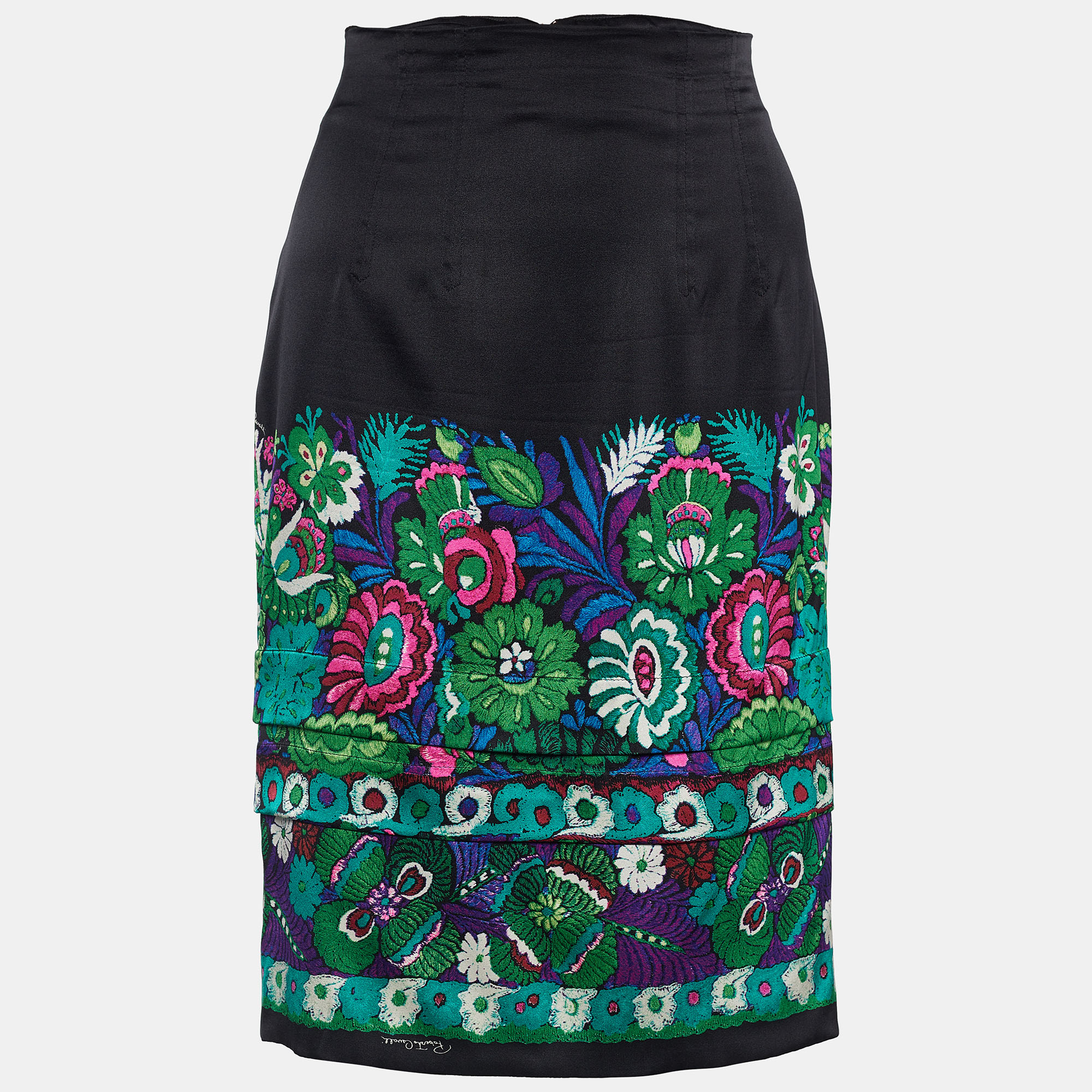 Roberto Cavalli Black Satin Silk Floral Print Skirt M